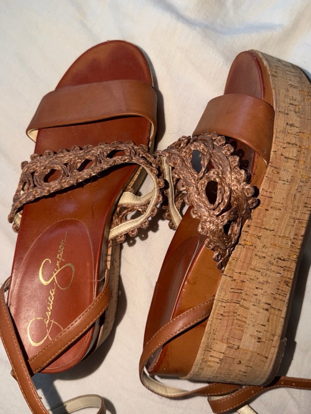 Jessica Simpson Brown Tan Cork Wedge Sandals with Braided Strap
